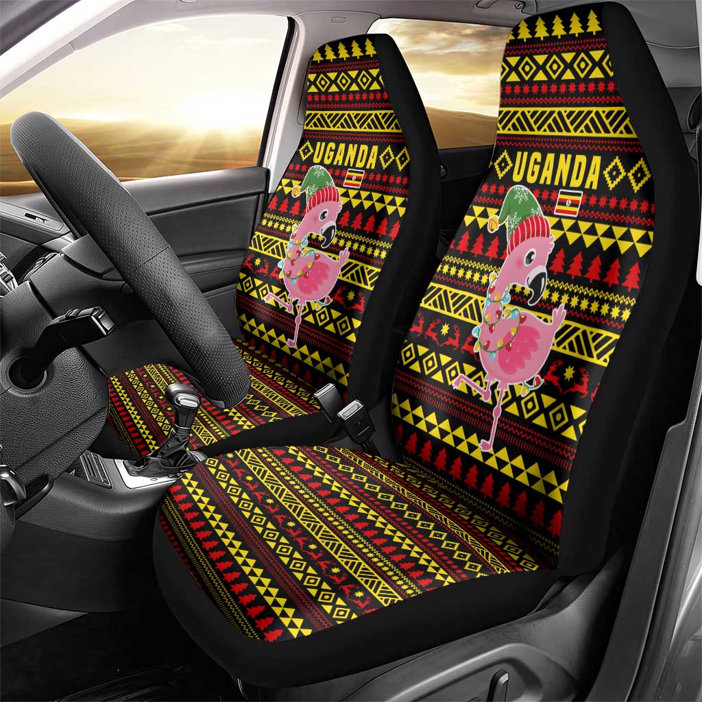 Uganda Christmas Car Seat Cover Flamingo Lights Uganda Flag and Black Red Yellow - African Pride