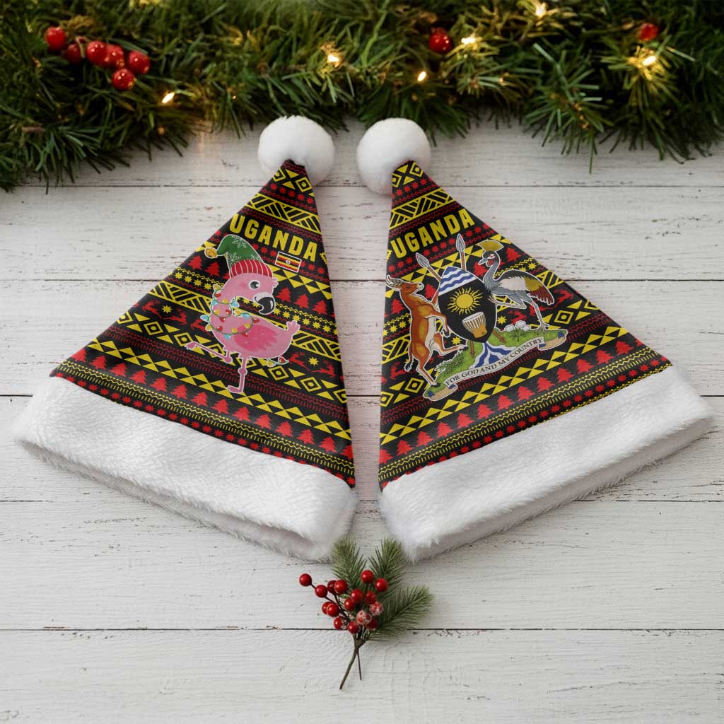 Uganda Christmas Santa Hat Flamingo Lights Uganda Flag and Black Red Yellow - African Pride