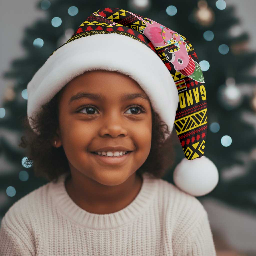 Uganda Christmas Santa Hat Flamingo Lights Uganda Flag and Black Red Yellow - African Pride