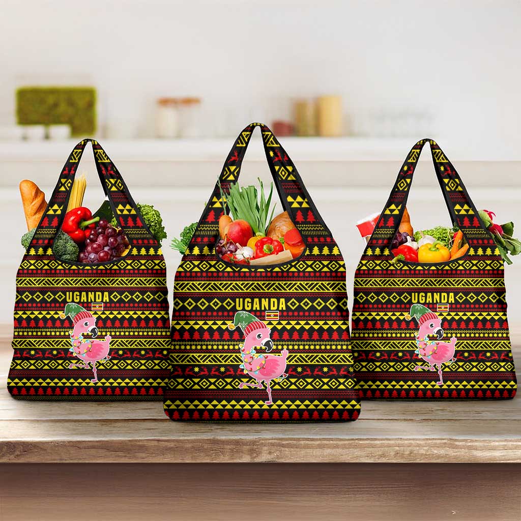 Uganda Christmas Grocery Bag Flamingo Lights Uganda Flag and Black Red Yellow - African Pride