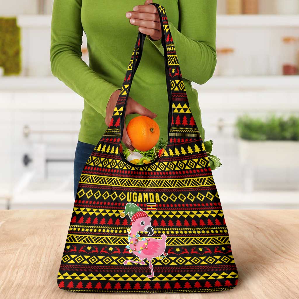 Uganda Christmas Grocery Bag Flamingo Lights Uganda Flag and Black Red Yellow - African Pride