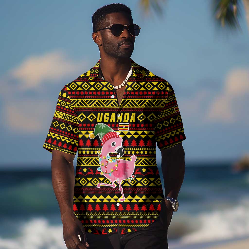 Uganda Christmas Hawaiian Shirt Flamingo Lights Uganda Flag and Black Red Yellow - African Pride