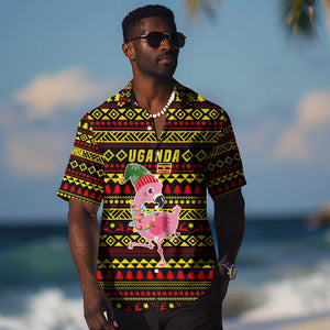Uganda Christmas Hawaiian Shirt Flamingo Lights Uganda Flag and Black Red Yellow - African Pride