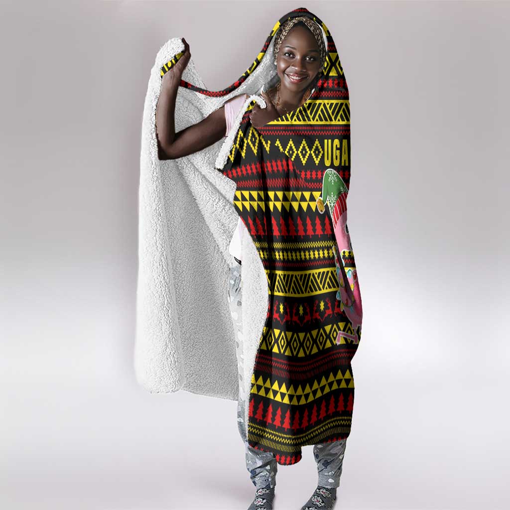 Uganda Christmas Hooded Blanket Flamingo Lights Uganda Flag and Black Red Yellow - African Pride