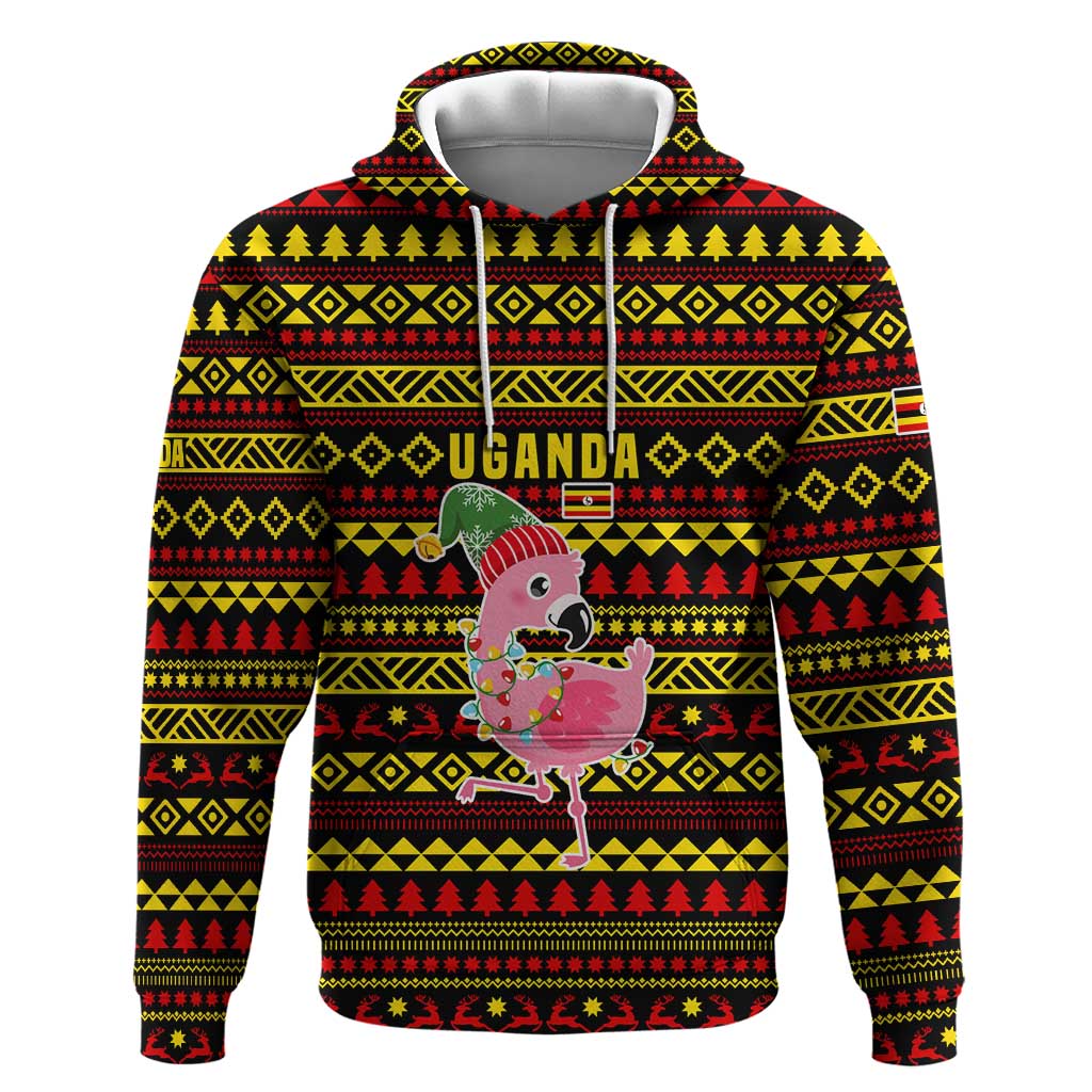 Uganda Christmas Hoodie Flamingo Lights Uganda Flag and Black Red Yellow - African Pride