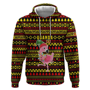 Uganda Christmas Hoodie Flamingo Lights Uganda Flag and Black Red Yellow - African Pride