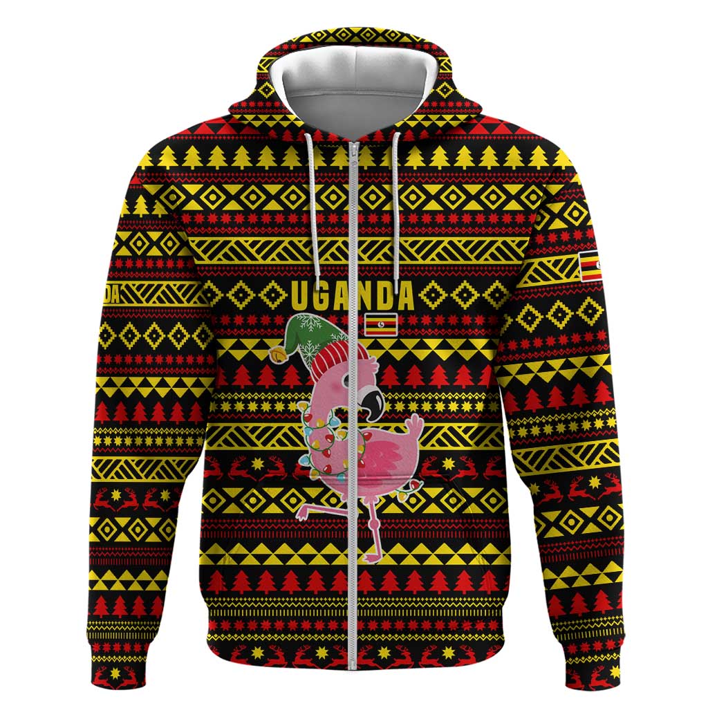 Uganda Christmas Hoodie Flamingo Lights Uganda Flag and Black Red Yellow - African Pride