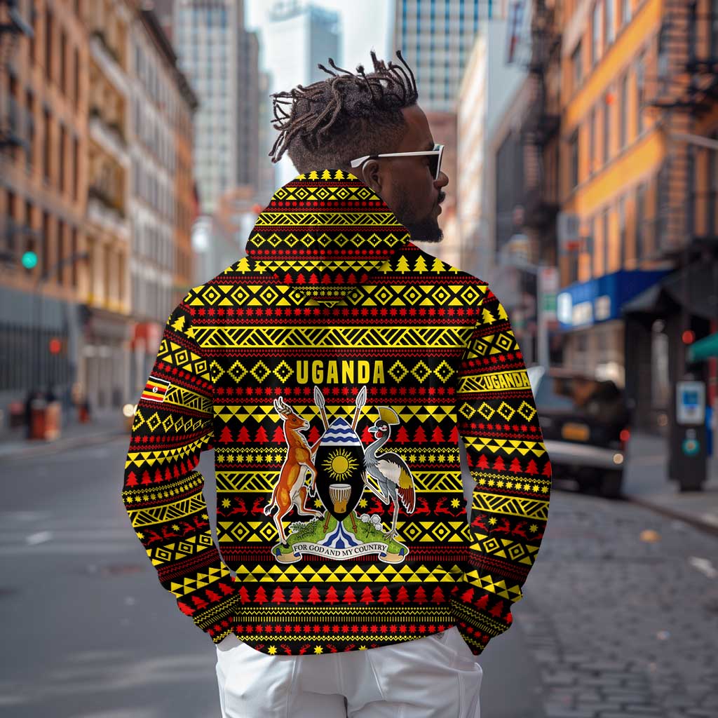 Uganda Christmas Hoodie Flamingo Lights Uganda Flag and Black Red Yellow - African Pride