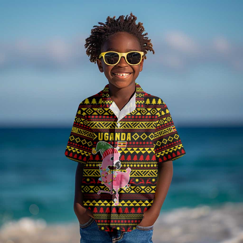 Uganda Christmas Kid Hawaiian Shirt Flamingo Lights Uganda Flag and Black Red Yellow - African Pride