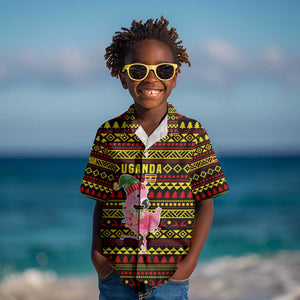 Uganda Christmas Kid Hawaiian Shirt Flamingo Lights Uganda Flag and Black Red Yellow - African Pride