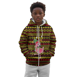 Uganda Christmas Kid Hoodie Flamingo Lights Uganda Flag and Black Red Yellow - African Pride