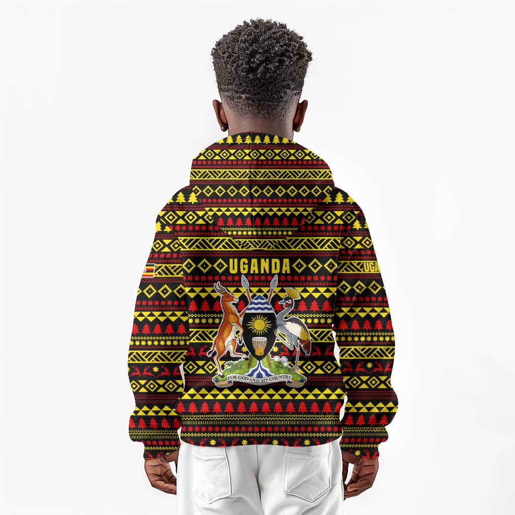 Uganda Christmas Kid Hoodie Flamingo Lights Uganda Flag and Black Red Yellow - African Pride