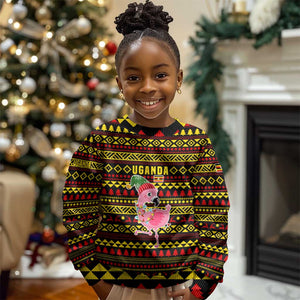 Uganda Christmas Kid Ugly Christmas Sweater Flamingo Lights Uganda Flag and Black Red Yellow - African Pride