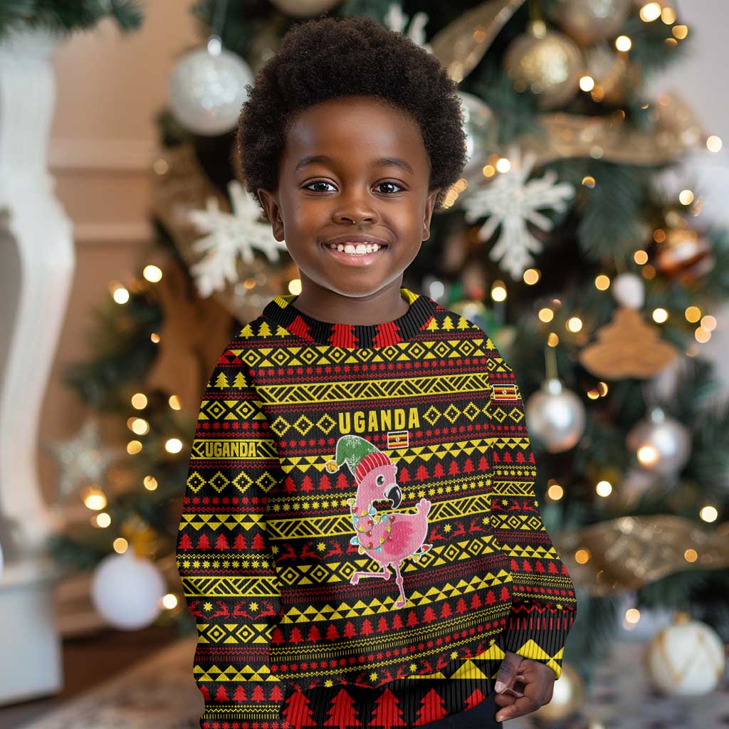 Uganda Christmas Kid Ugly Christmas Sweater Flamingo Lights Uganda Flag and Black Red Yellow - African Pride