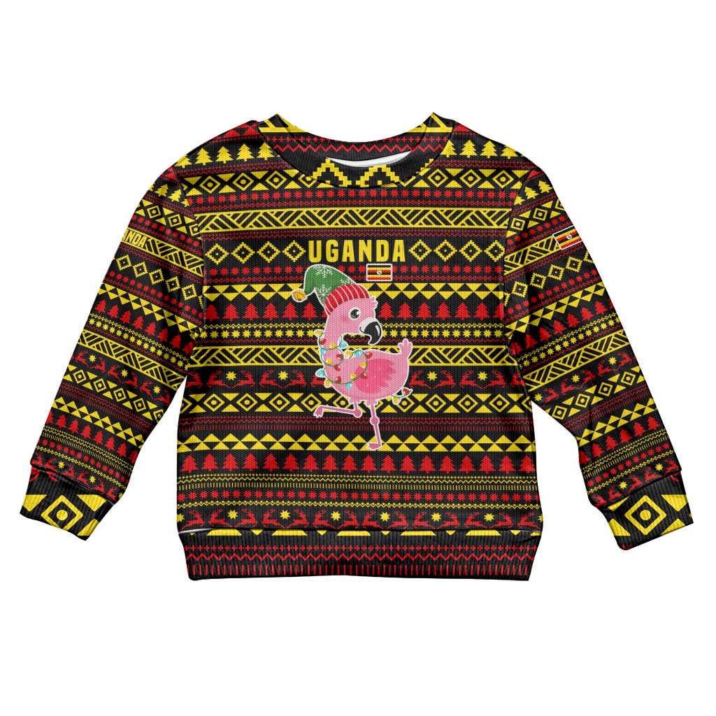 Uganda Christmas Kid Ugly Christmas Sweater Flamingo Lights Uganda Flag and Black Red Yellow - African Pride