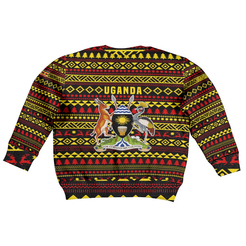 Uganda Christmas Kid Ugly Christmas Sweater Flamingo Lights Uganda Flag and Black Red Yellow - African Pride
