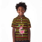 Uganda Christmas Kid Polo Shirt Flamingo Lights Uganda Flag and Black Red Yellow - African Pride