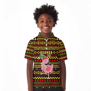 Uganda Christmas Kid Polo Shirt Flamingo Lights Uganda Flag and Black Red Yellow - African Pride