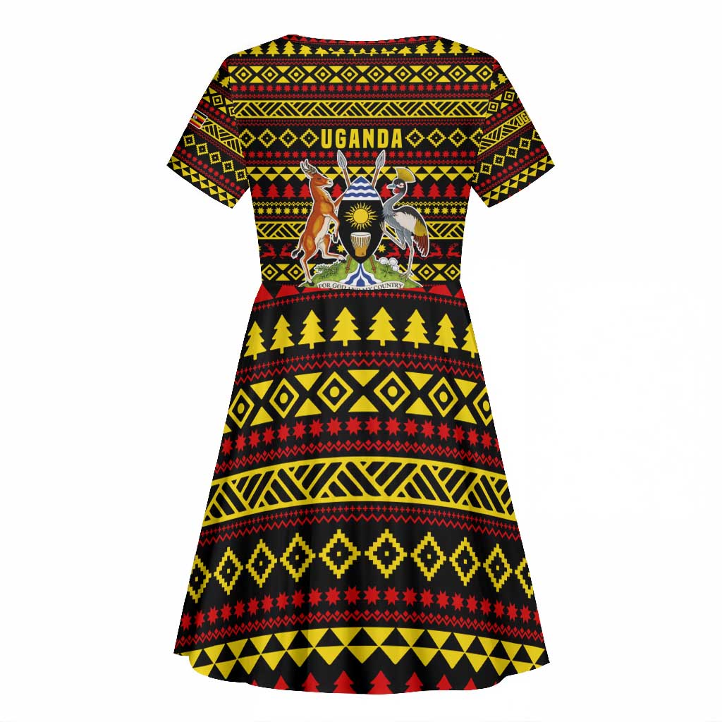 Uganda Christmas Kid Short Sleeve Dress Flamingo Lights Uganda Flag and Black Red Yellow - African Pride