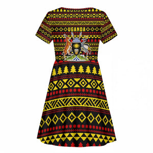 Uganda Christmas Kid Short Sleeve Dress Flamingo Lights Uganda Flag and Black Red Yellow - African Pride