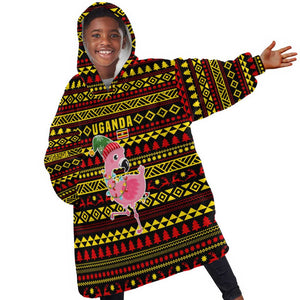 Uganda Christmas Kid Wearable Blanket Hoodie Flamingo Lights Uganda Flag and Black Red Yellow - African Pride