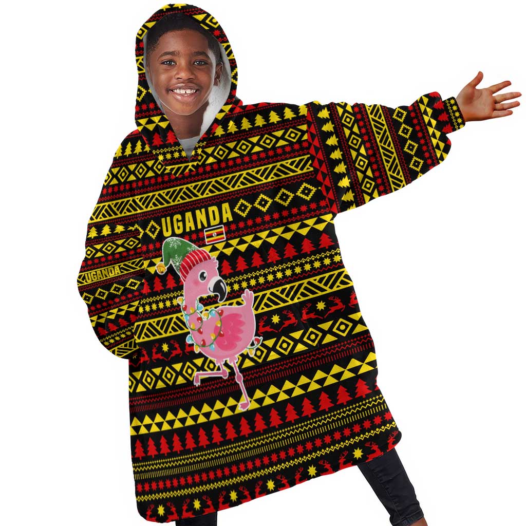 Uganda Christmas Kid Wearable Blanket Hoodie Flamingo Lights Uganda Flag and Black Red Yellow - African Pride
