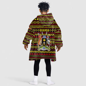 Uganda Christmas Kid Wearable Blanket Hoodie Flamingo Lights Uganda Flag and Black Red Yellow - African Pride