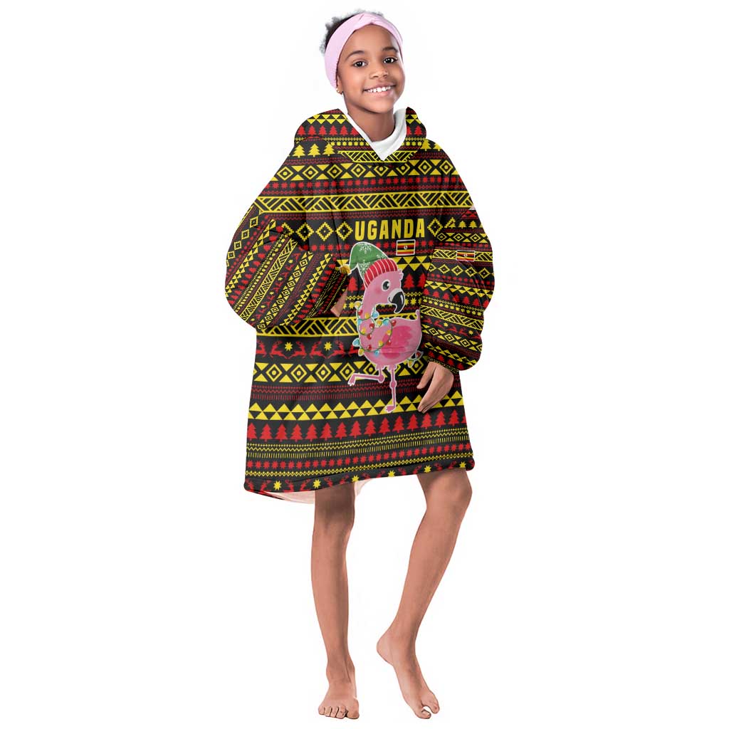 Uganda Christmas Kid Wearable Blanket Hoodie Flamingo Lights Uganda Flag and Black Red Yellow - African Pride