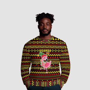 Uganda Christmas Ugly Christmas Sweater Flamingo Lights Uganda Flag and Black Red Yellow - African Pride