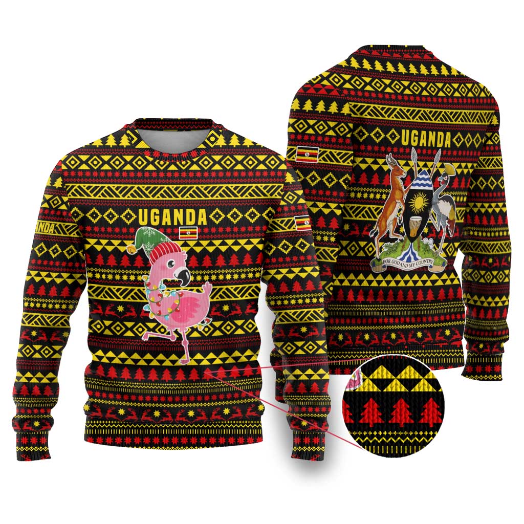 Uganda Christmas Ugly Christmas Sweater Flamingo Lights Uganda Flag and Black Red Yellow - African Pride
