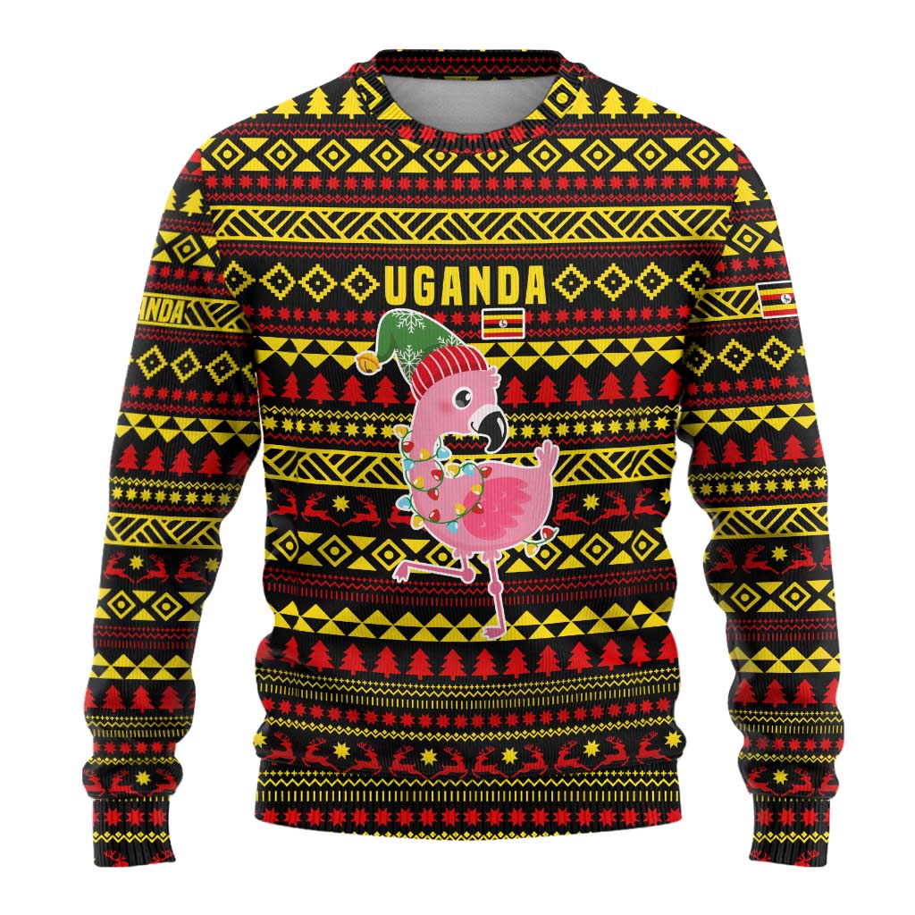 Uganda Christmas Ugly Christmas Sweater Flamingo Lights Uganda Flag and Black Red Yellow - African Pride