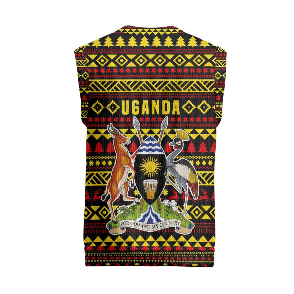 Uganda Christmas Knitted V-Neck Vest Flamingo Lights Uganda Flag and Black Red Yellow - African Pride