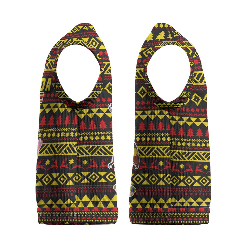 Uganda Christmas Knitted V-Neck Vest Flamingo Lights Uganda Flag and Black Red Yellow - African Pride