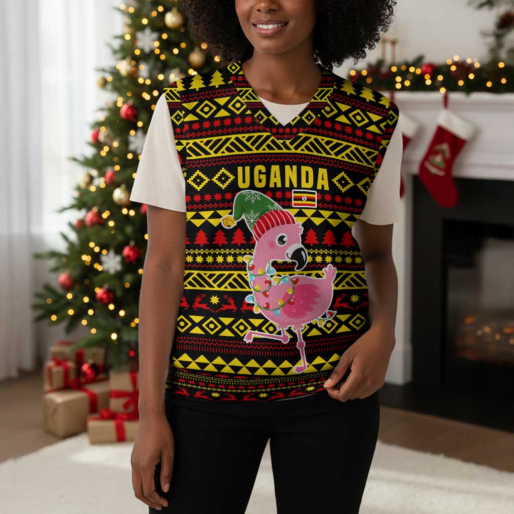 Uganda Christmas Knitted V-Neck Vest Flamingo Lights Uganda Flag and Black Red Yellow - African Pride