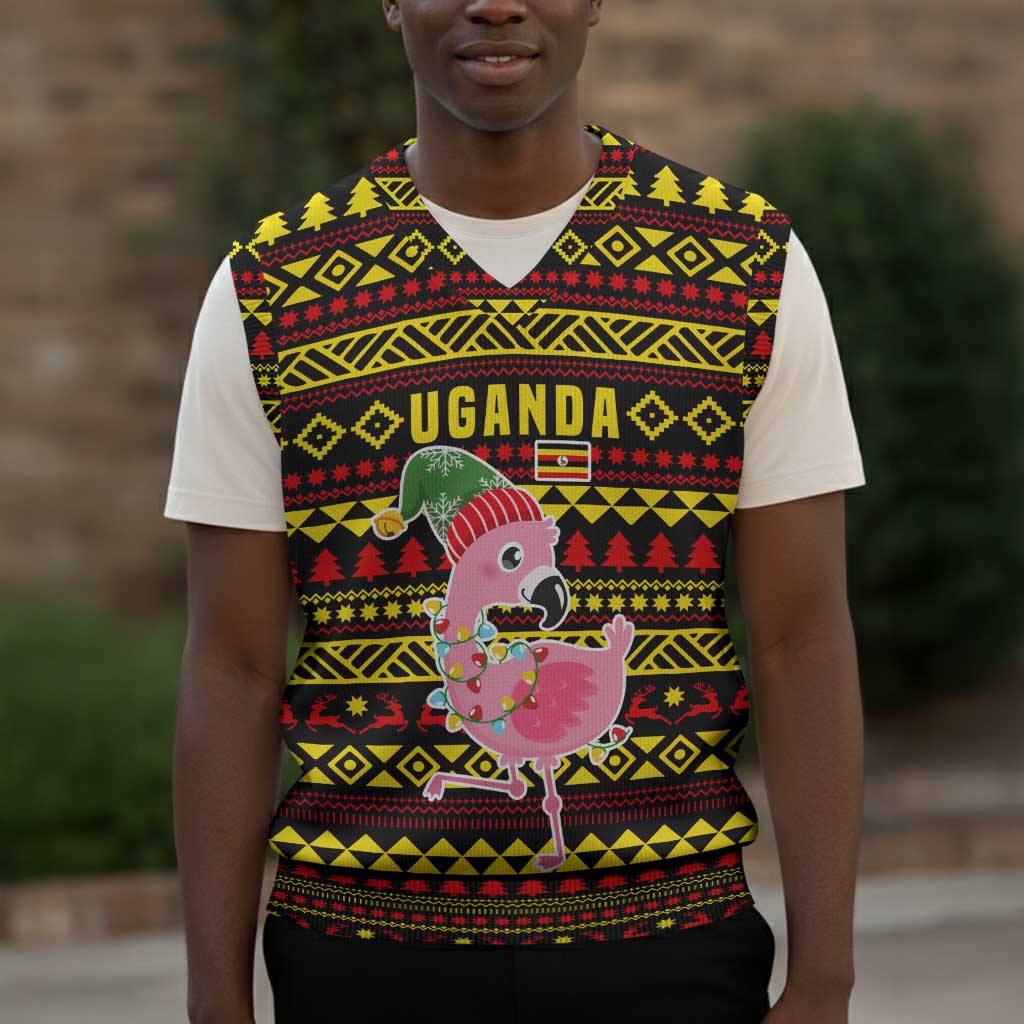 Uganda Christmas Knitted V-Neck Vest Flamingo Lights Uganda Flag and Black Red Yellow - African Pride