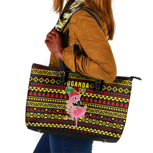 Uganda Christmas Leather Tote Bag Flamingo Lights Uganda Flag and Black Red Yellow - African Pride