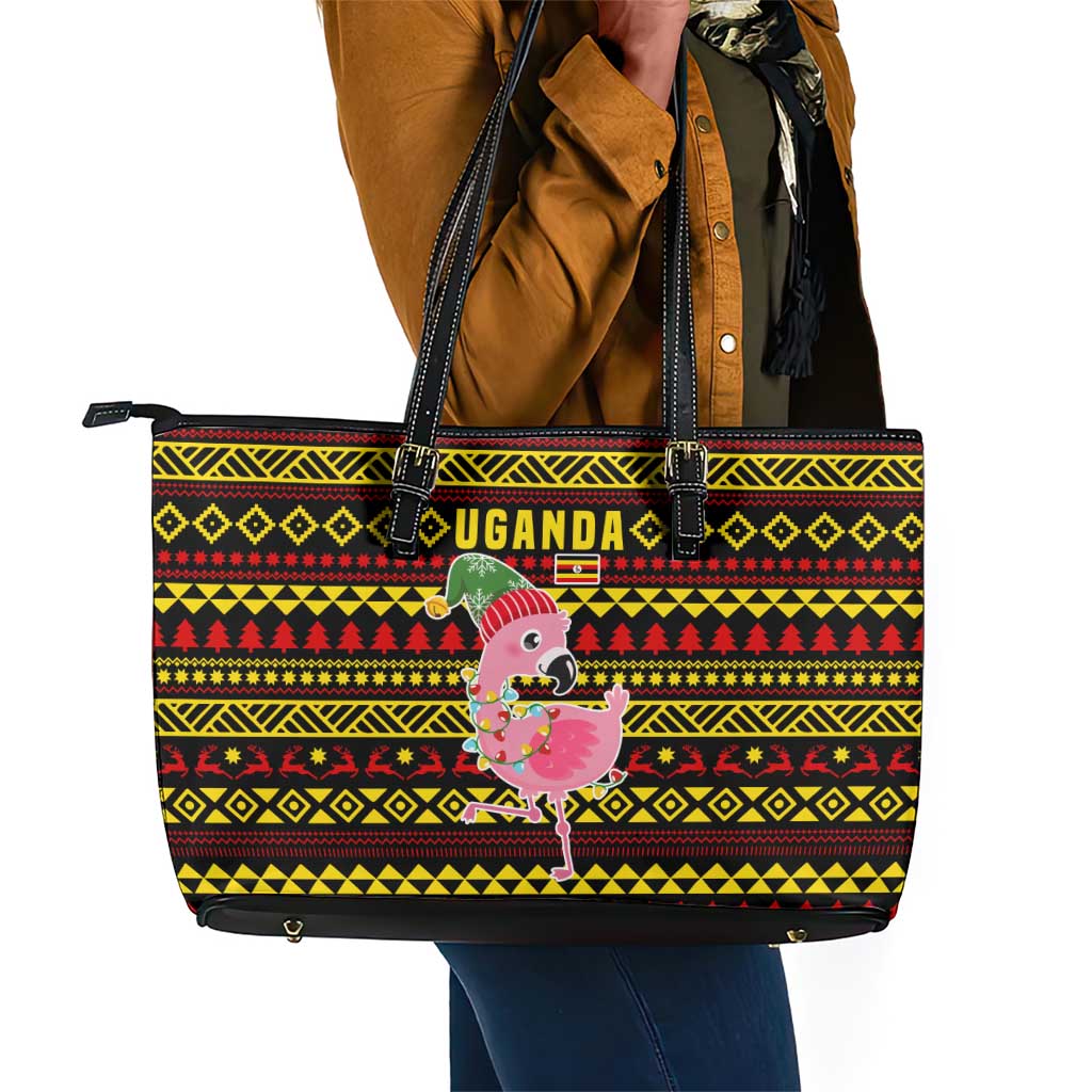 Uganda Christmas Leather Tote Bag Flamingo Lights Uganda Flag and Black Red Yellow - African Pride