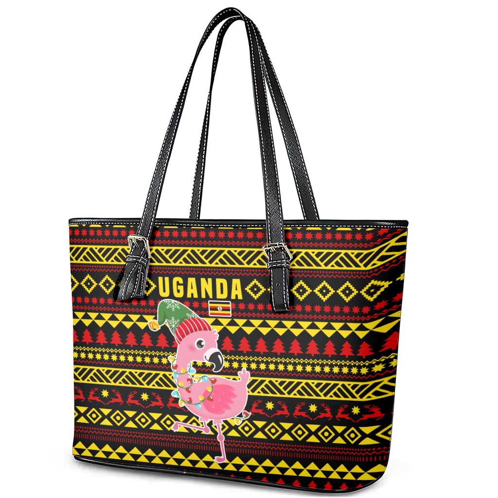 Uganda Christmas Leather Tote Bag Flamingo Lights Uganda Flag and Black Red Yellow - African Pride