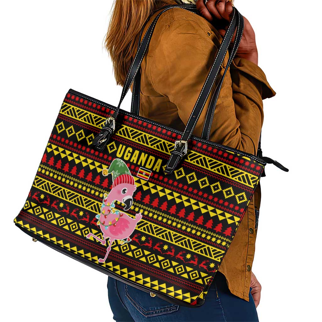 Uganda Christmas Leather Tote Bag Flamingo Lights Uganda Flag and Black Red Yellow - African Pride
