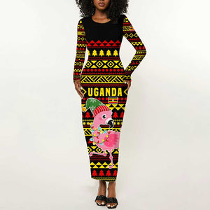 Uganda Christmas Long Sleeve Bodycon Dress Flamingo Lights Uganda Flag and Black Red Yellow - African Pride