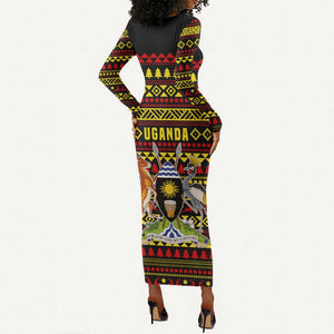 Uganda Christmas Long Sleeve Bodycon Dress Flamingo Lights Uganda Flag and Black Red Yellow - African Pride
