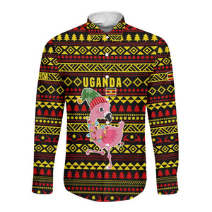 Uganda Christmas Long Sleeve Button Shirt Flamingo Lights Uganda Flag and Black Red Yellow - African Pride