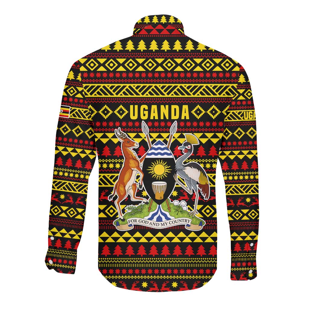 Uganda Christmas Long Sleeve Button Shirt Flamingo Lights Uganda Flag and Black Red Yellow - African Pride