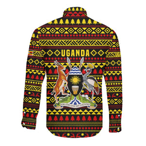 Uganda Christmas Long Sleeve Button Shirt Flamingo Lights Uganda Flag and Black Red Yellow - African Pride