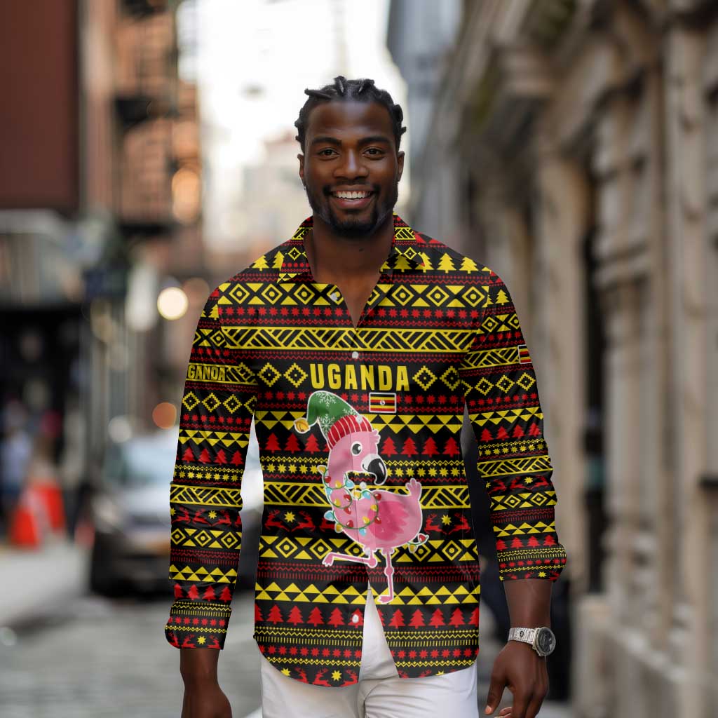 Uganda Christmas Long Sleeve Button Shirt Flamingo Lights Uganda Flag and Black Red Yellow - African Pride