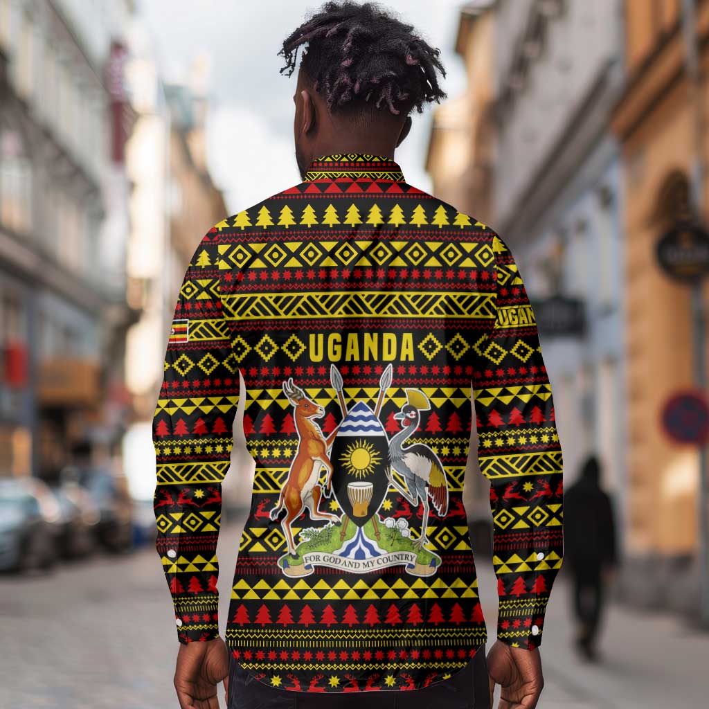 Uganda Christmas Long Sleeve Button Shirt Flamingo Lights Uganda Flag and Black Red Yellow - African Pride