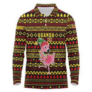 Uganda Christmas Long Sleeve Polo Shirt Flamingo Lights Uganda Flag and Black Red Yellow - African Pride