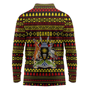 Uganda Christmas Long Sleeve Polo Shirt Flamingo Lights Uganda Flag and Black Red Yellow - African Pride