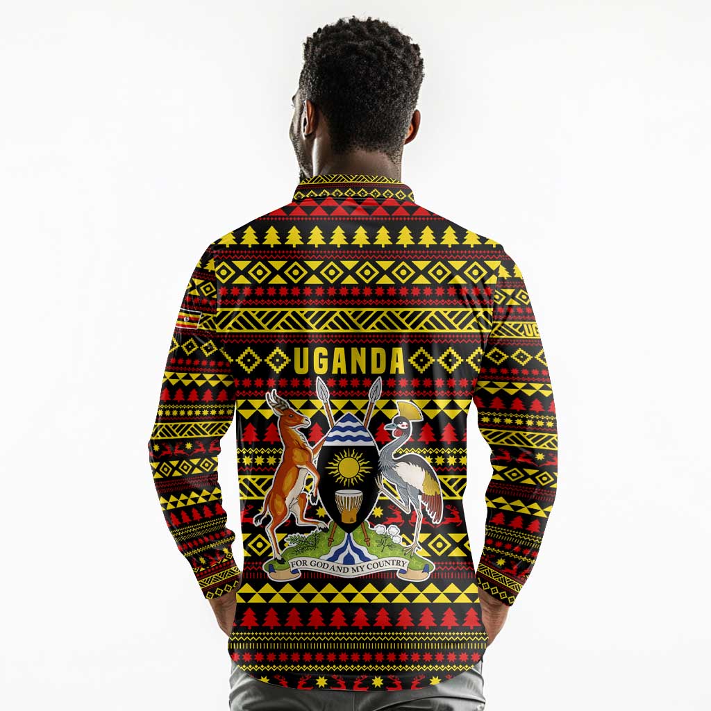 Uganda Christmas Long Sleeve Polo Shirt Flamingo Lights Uganda Flag and Black Red Yellow - African Pride