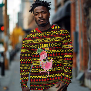 Uganda Christmas Long Sleeve Shirt Flamingo Lights Uganda Flag and Black Red Yellow - African Pride